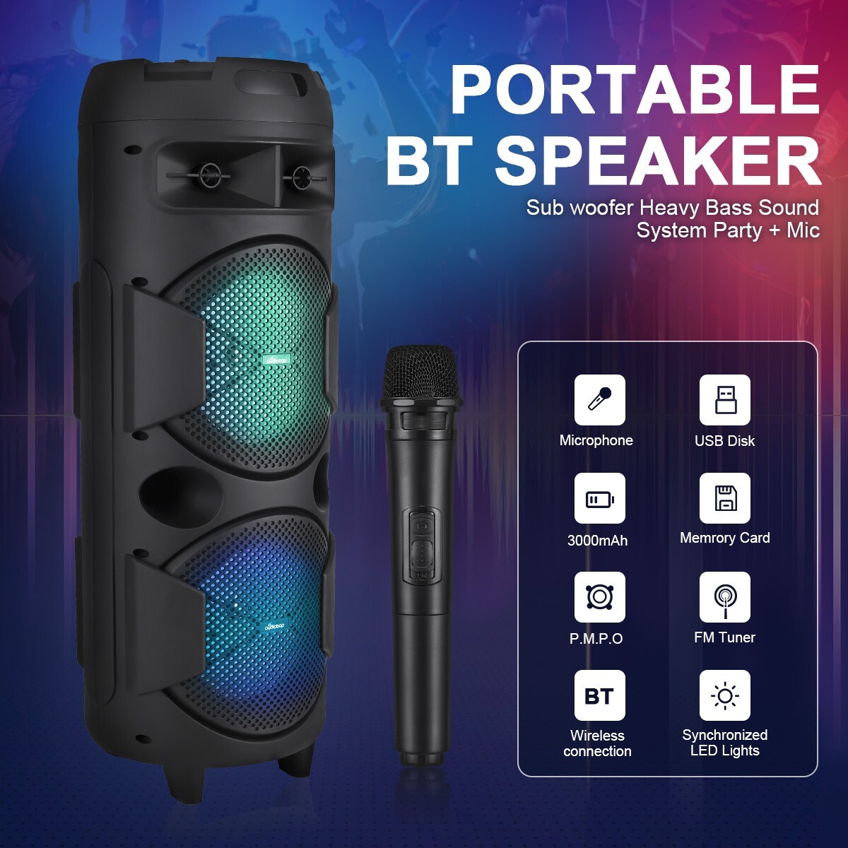Party Portable Wireless Bluetooth Speaker Bass Sound Subwoofer with Microphone - 2