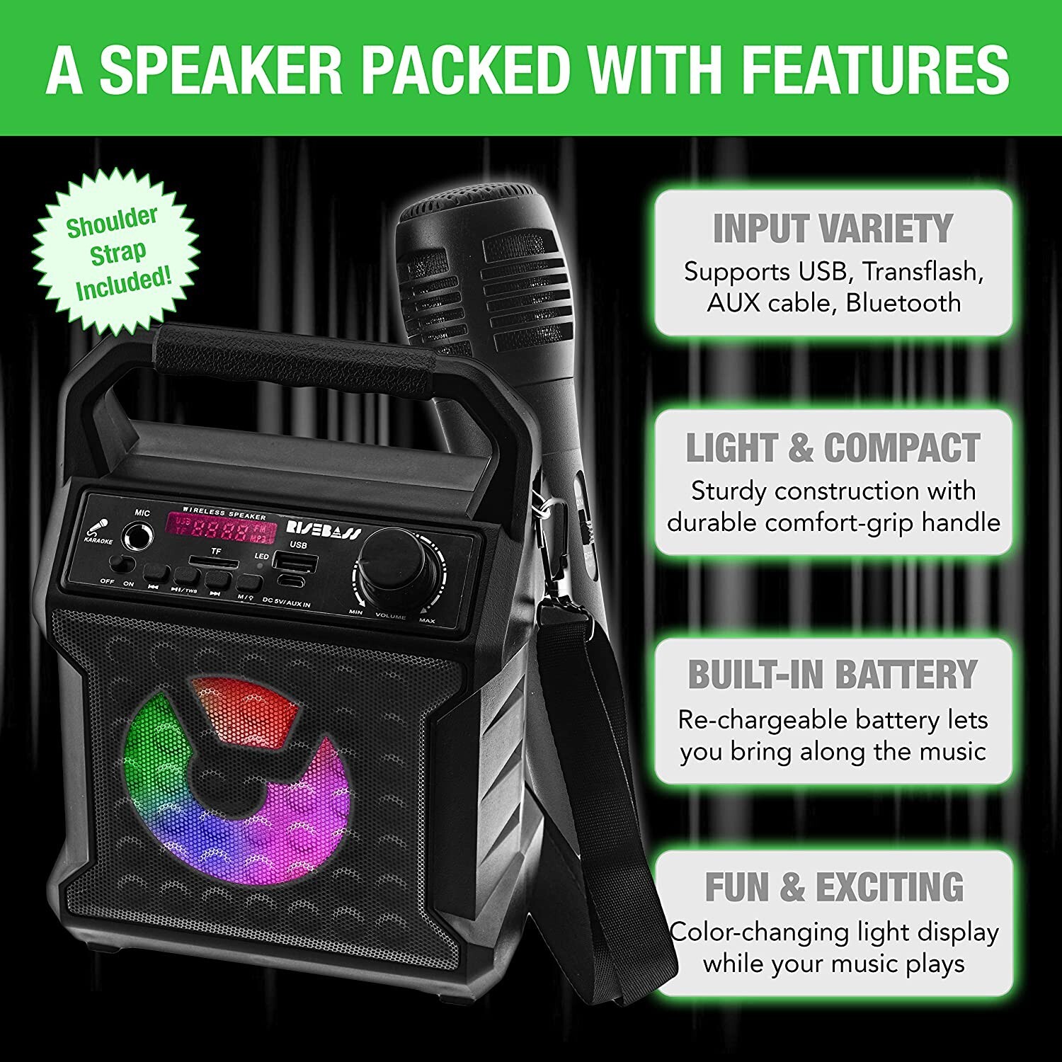 Portable Bluetooth Speaker Karaoke Machine +Free Mic for Kids/Adults Party Light - 3