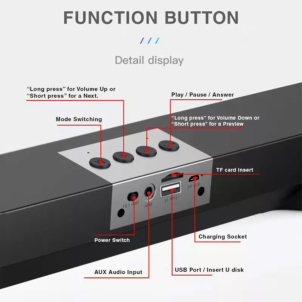 Bluetooth 5.0 Wireless TV Soundbar Speaker 3D Sound Bar Home Theater Subwoofer - 5