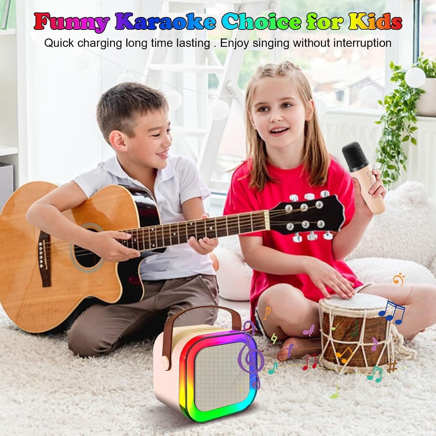 🔥FCZMO K12 Mini Karaoke Machine, Portable Bluetooth Speaker with 2 Mics Beige🔥 - 3