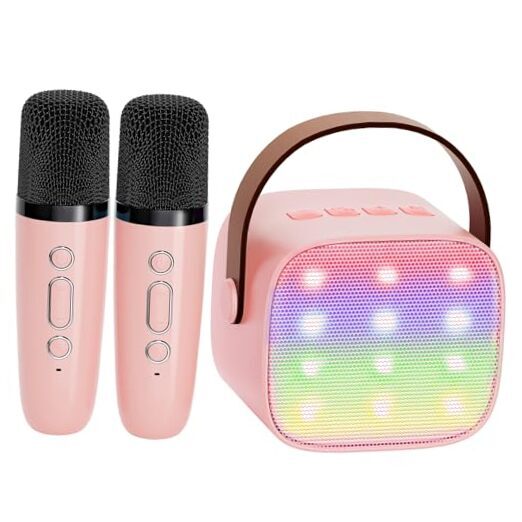 Mini Karaoke Machine for Kids Adults, Portable Bluetooth Speaker P-ink 2 Mic