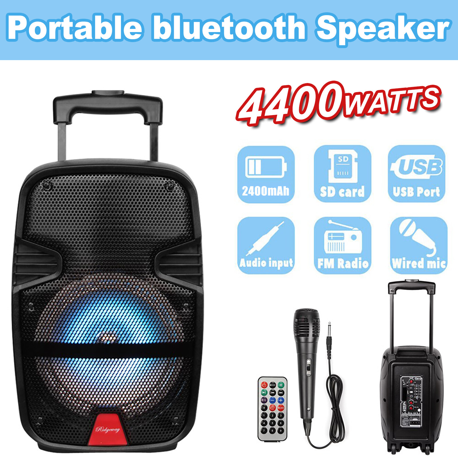 8" 4400W Bluetooth Portable Speaker FM Mic Remote w/ USB/TF/FM RADIO DJ Party - 1