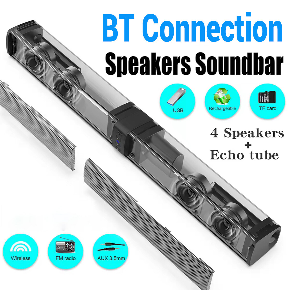 2 in 1 Separable Sound Bars 4 Speaker System Wireless TV Speaker Subwoofer BT - 14