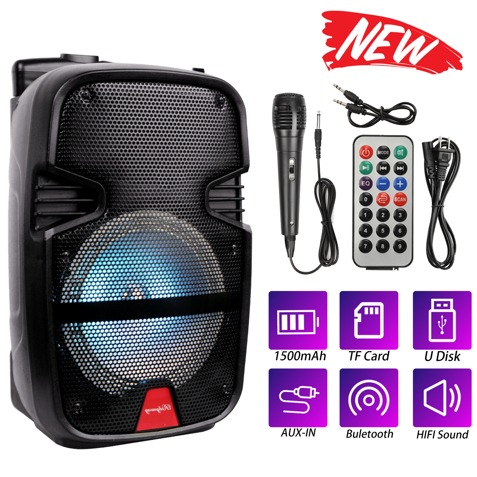 8" 4400W Bluetooth Portable Speaker FM Mic Remote w/ USB/TF/FM RADIO DJ Party