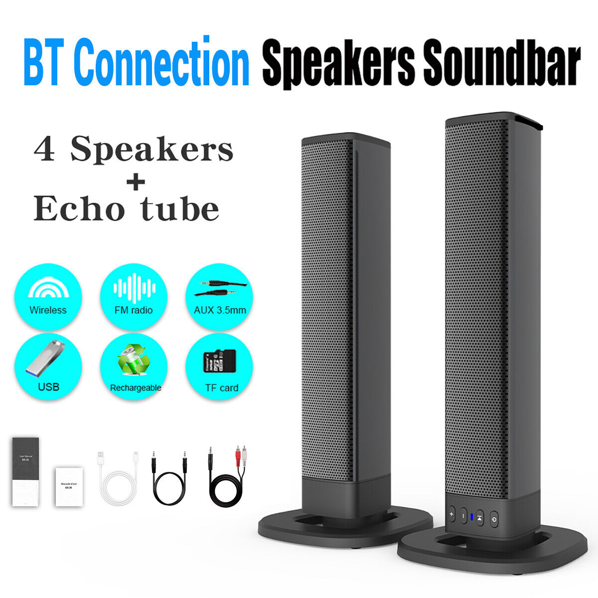 2 in 1 Separable Sound Bars 4 Speaker System Wireless TV Speaker Subwoofer BT - 13