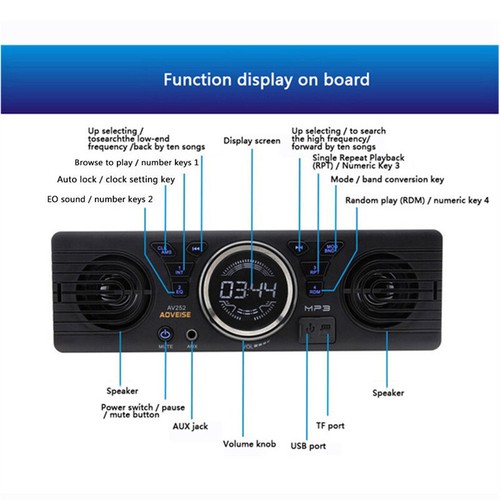 1Din Car Stereo Audio Radio MP3 Player FM USB TF-card AUX Bluetooth Dual Speaker - 4