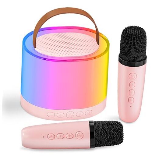 Mini Kids Karaoke Machine, Unique Gifts for Girls Boys with Colorful Pink-2Mic