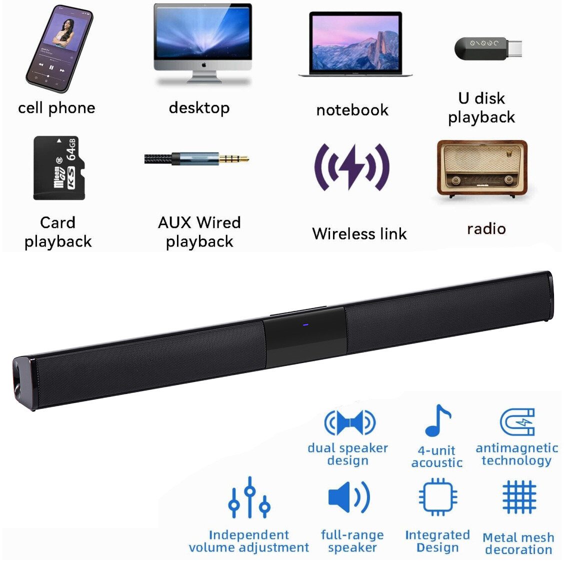 Wireless Sound Bar 4 Speaker System BT Subwoofer TV Home Speaker Theater&Remote - 1