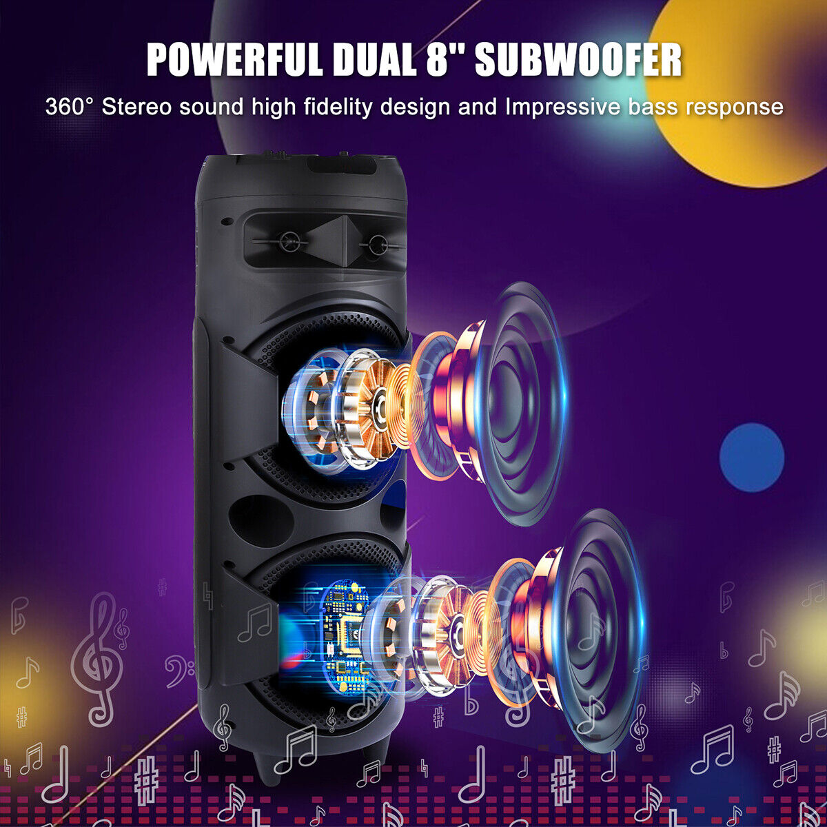 Portable Bluetooth Karaoke Speaker PA System Dual 8" BT Subwoofer TWS W/ LED Mic - 4