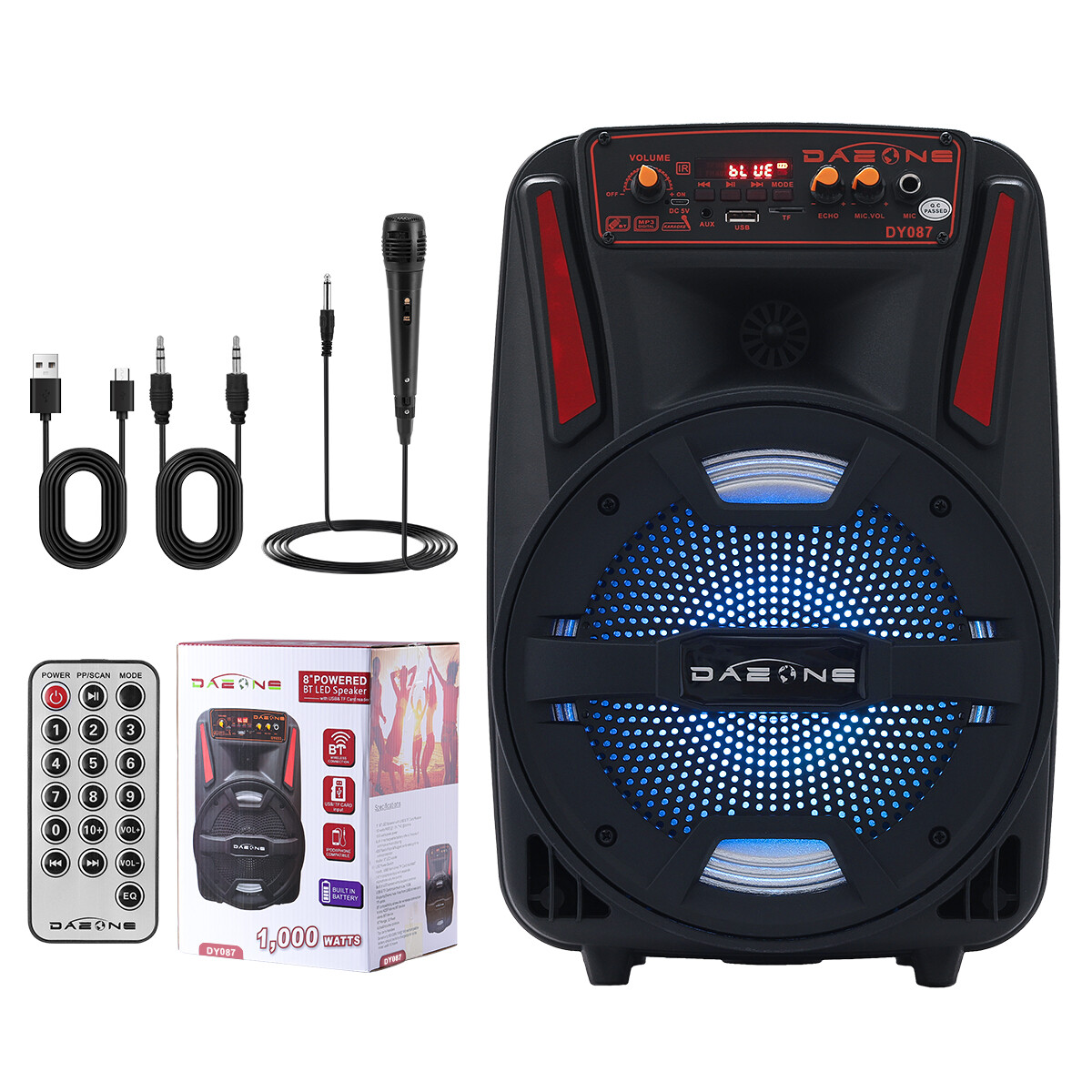 1000W Bluetooth Speaker 8" Heavy Bass USB Rechargeable Party Sound System+Mic - 1