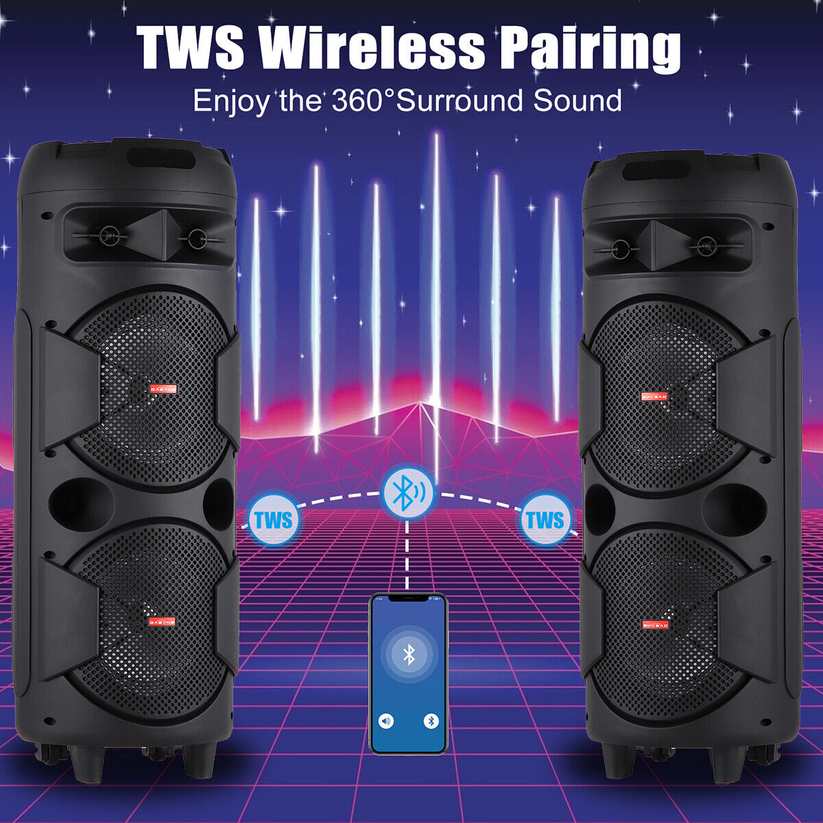Portable Bluetooth Karaoke Speaker PA System Dual 8" BT Subwoofer TWS W/ LED Mic - 2