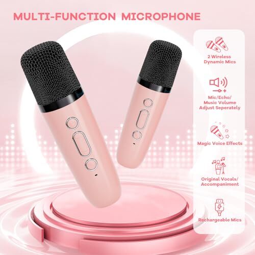 Mini Karaoke Machine for Kids Adults, Portable Bluetooth Speaker P-ink 2 Mic - 4