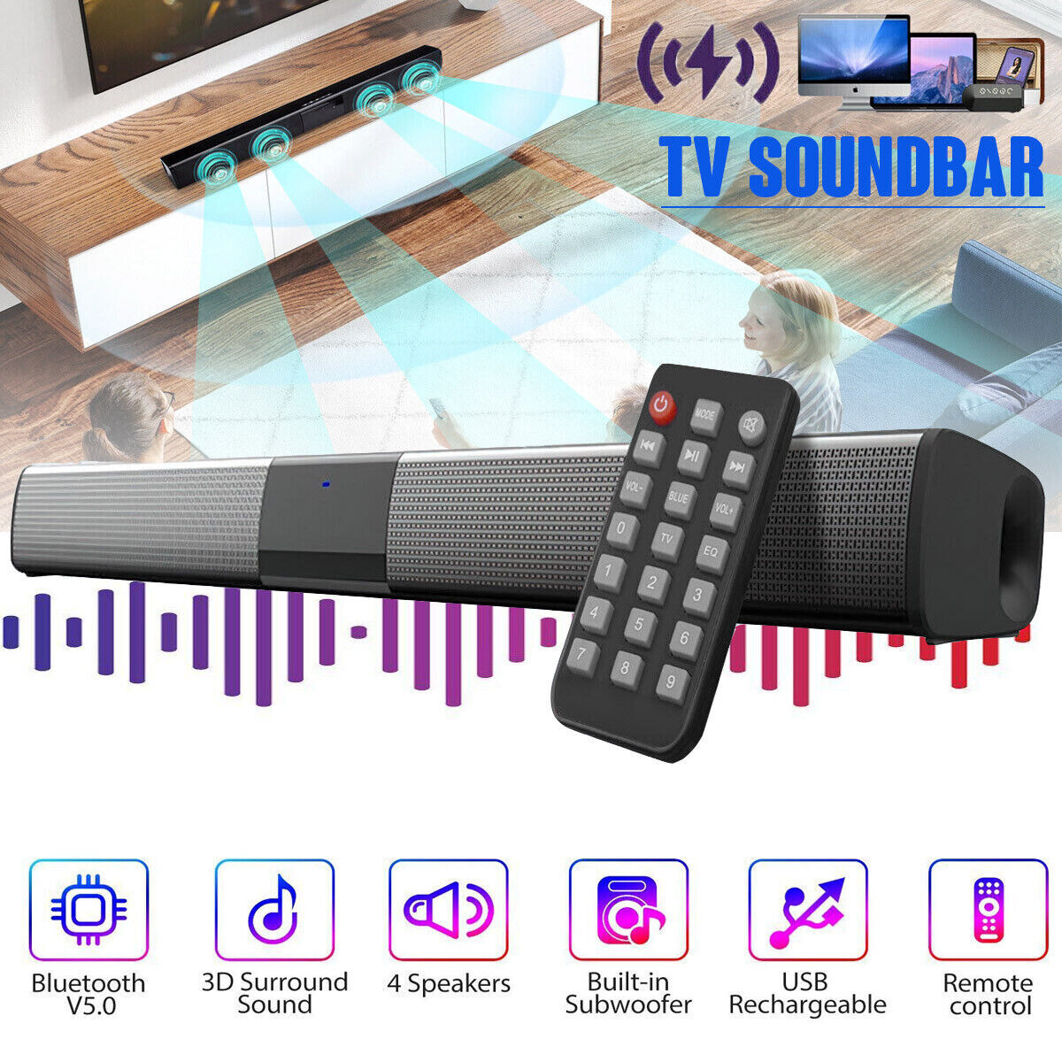 Bluetooth Wireless Powerful TV Sound Bar Home Theater Subwoofer Soundbar Remote - 1