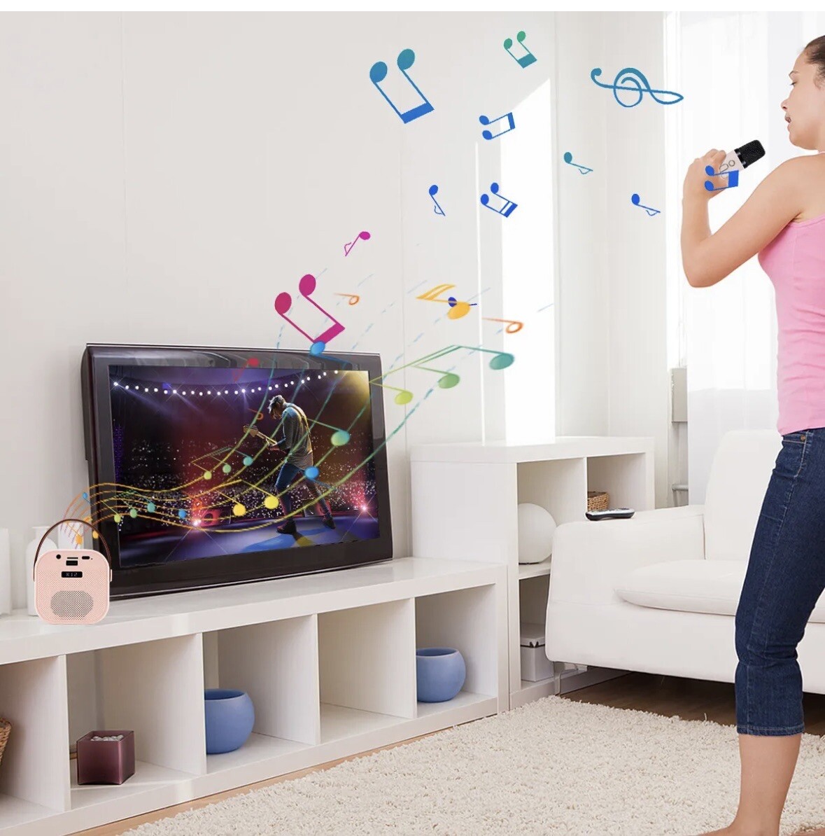 Mini Karaoke Machine for Kids & Adults Portable Speaker - 2 Wireless Mphone PINK - 4