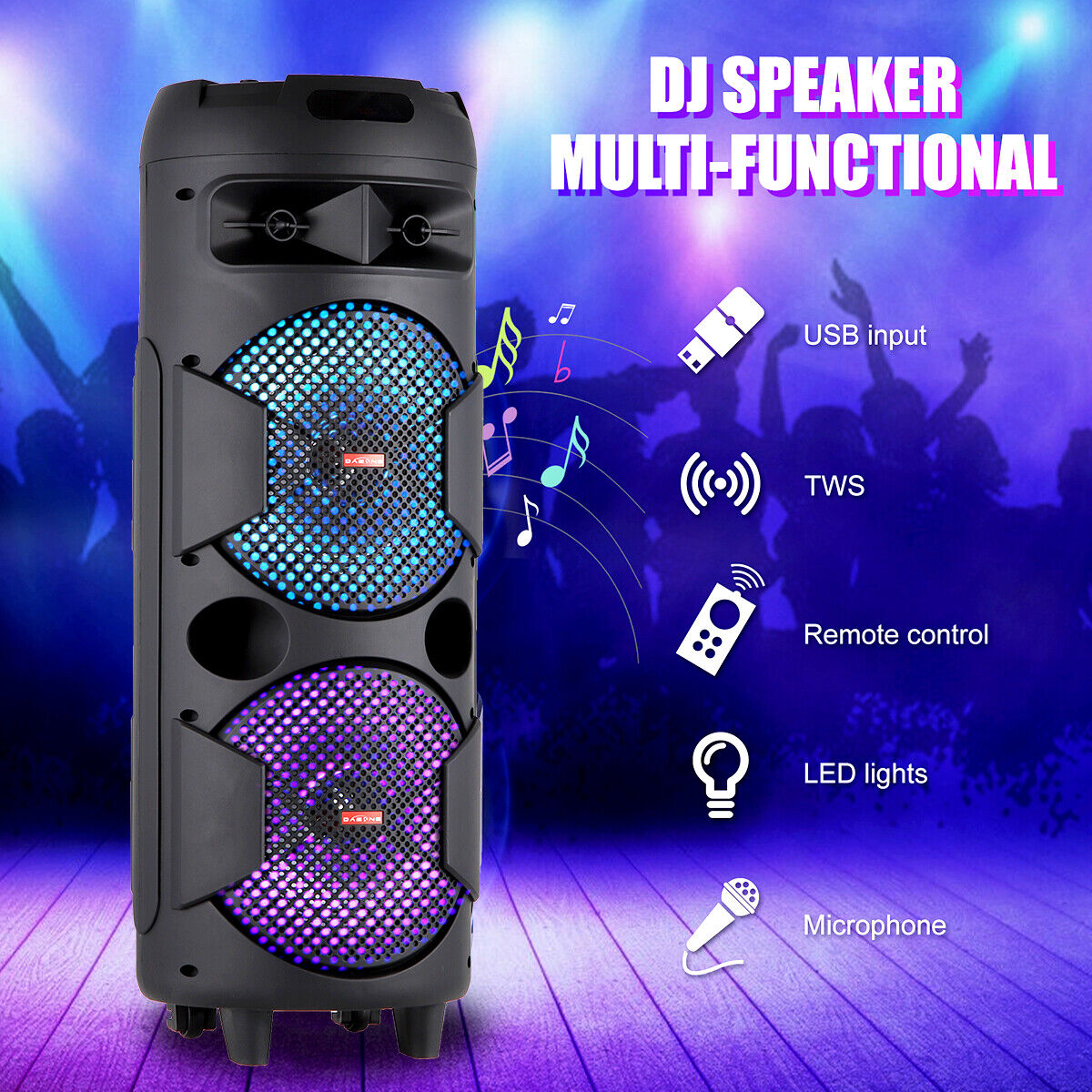 Portable Bluetooth Karaoke Speaker PA System Dual 8" BT Subwoofer TWS W/ LED Mic - 3