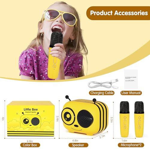 Mini Karaoke Machine for Kids Adults, Music Toys for Girls Boys Yellow 2 Mics - 6