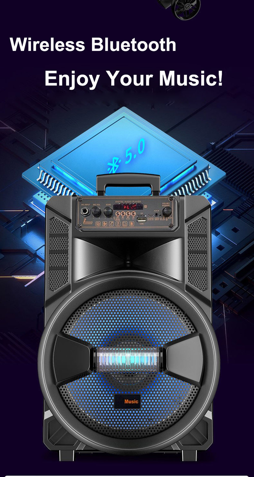 8'' Wireless Bluetooth Speaker USB FM Radio Portable Subwoofer System Remote Mic - 3