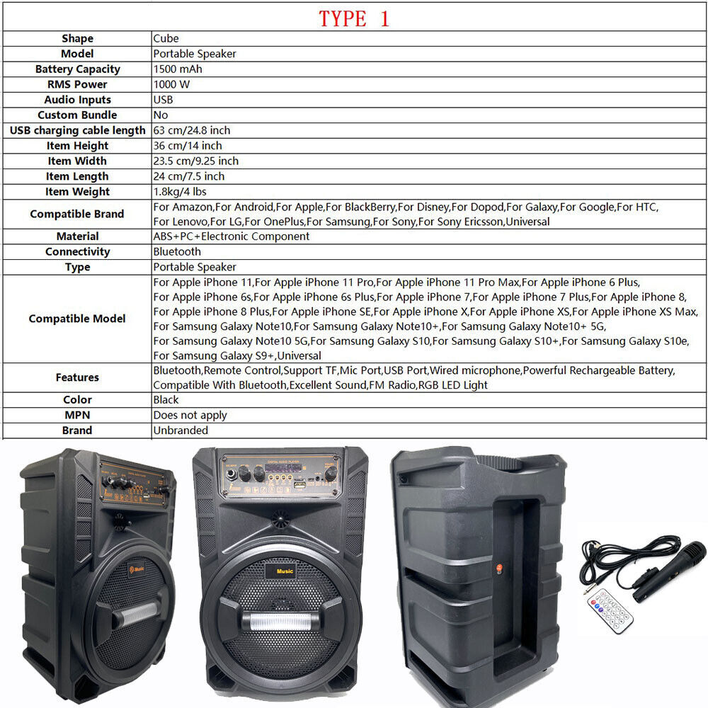8'' Wireless Bluetooth Speaker USB FM Radio Portable Subwoofer System Remote Mic - 10