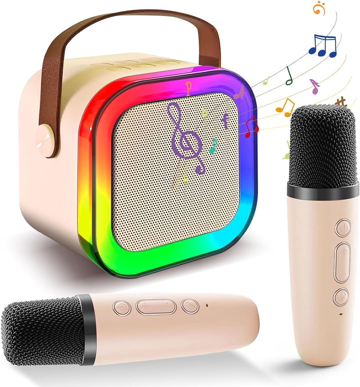 🔥FCZMO K12 Mini Karaoke Machine, Portable Bluetooth Speaker with 2 Mics Beige🔥