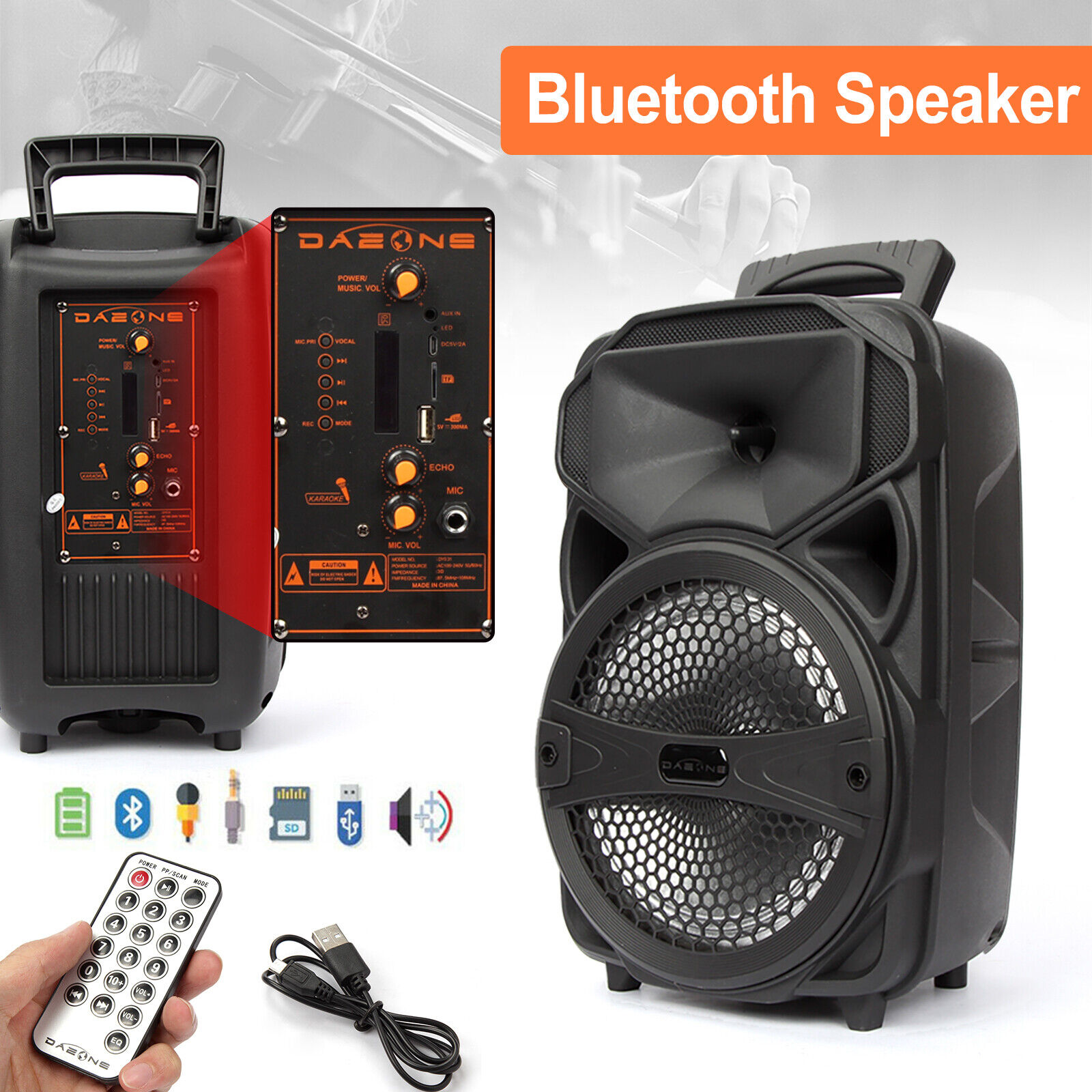 Portable Bluetooth Speaker 8inch Party Sound System W/ Remote FM LED USB Mic - 3