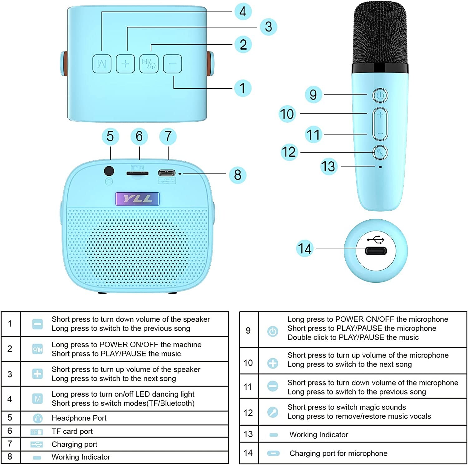Karaoke Machine Portable Bluetooth Speaker with Wireless Microphone MP3 Player - 7