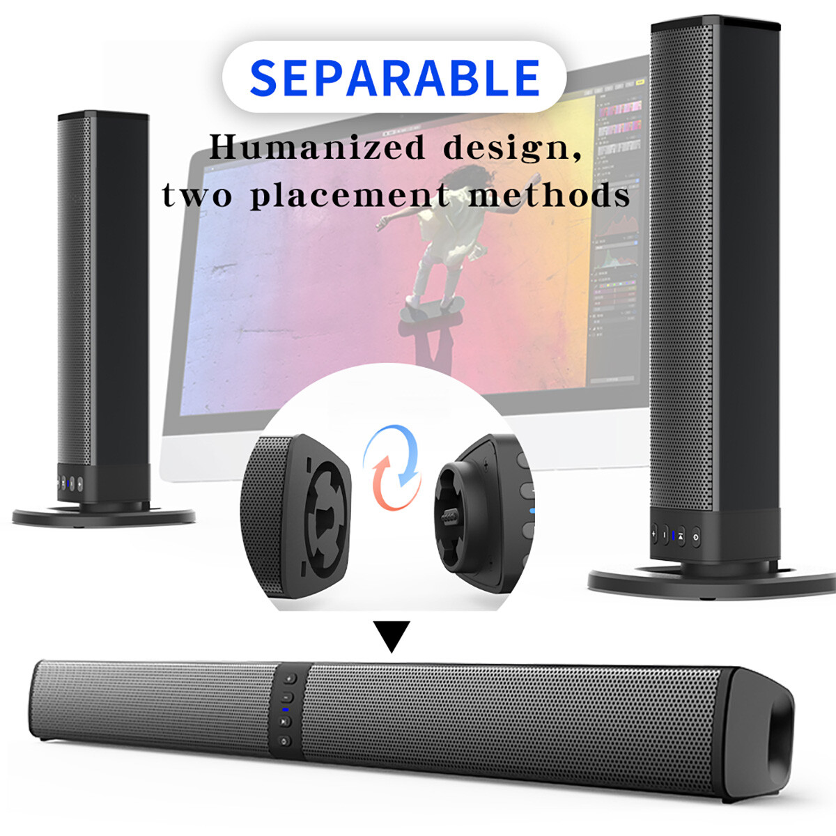2 in 1 Separable Sound Bars 4 Speaker System Wireless TV Speaker Subwoofer BT - 12