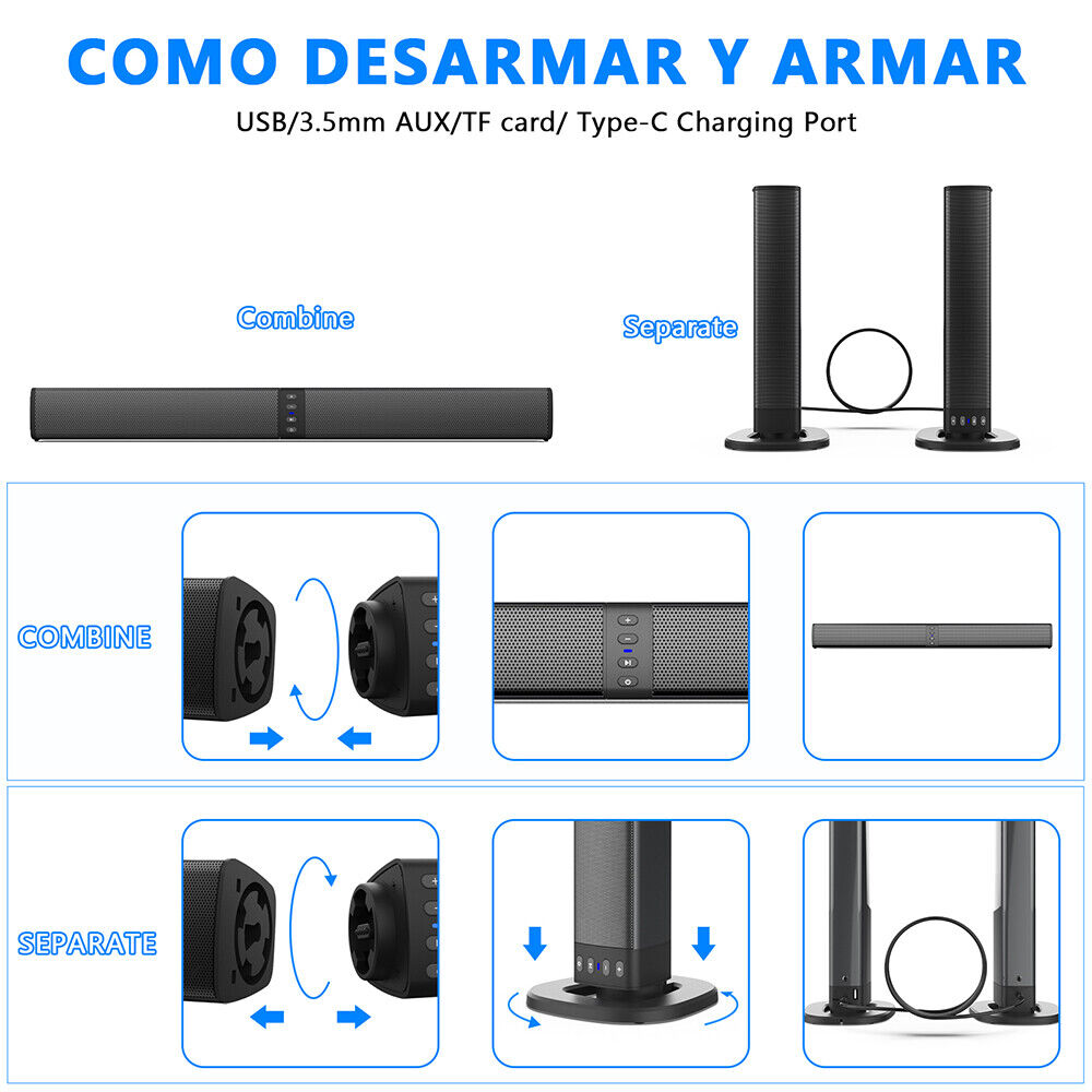 New Bluetooth Soundbar TV PC Sound System 3D Surround Subwoofer Speaker USB- - 5