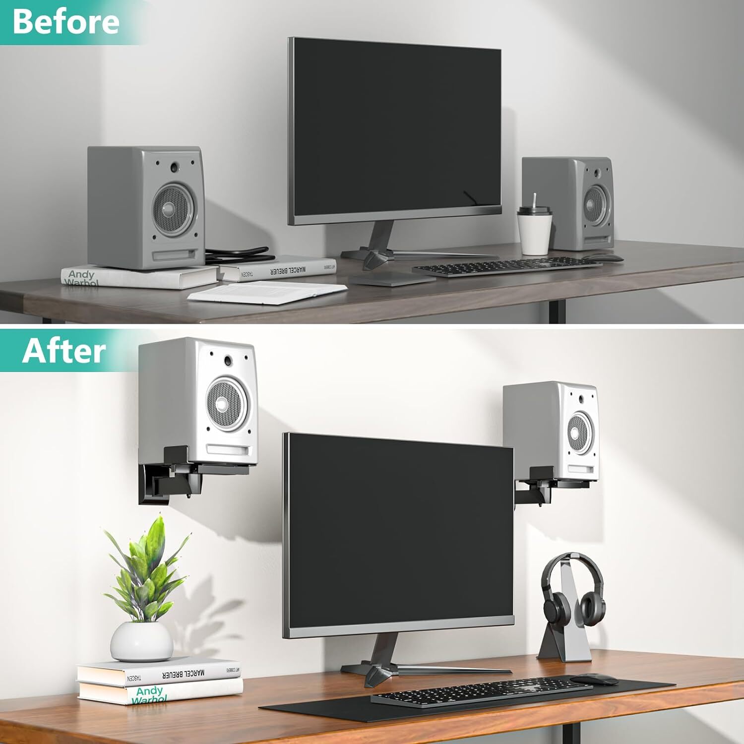WALI Dual Side Clamping Bookshelf Speaker Wall Mounting Bracket for Large - 9