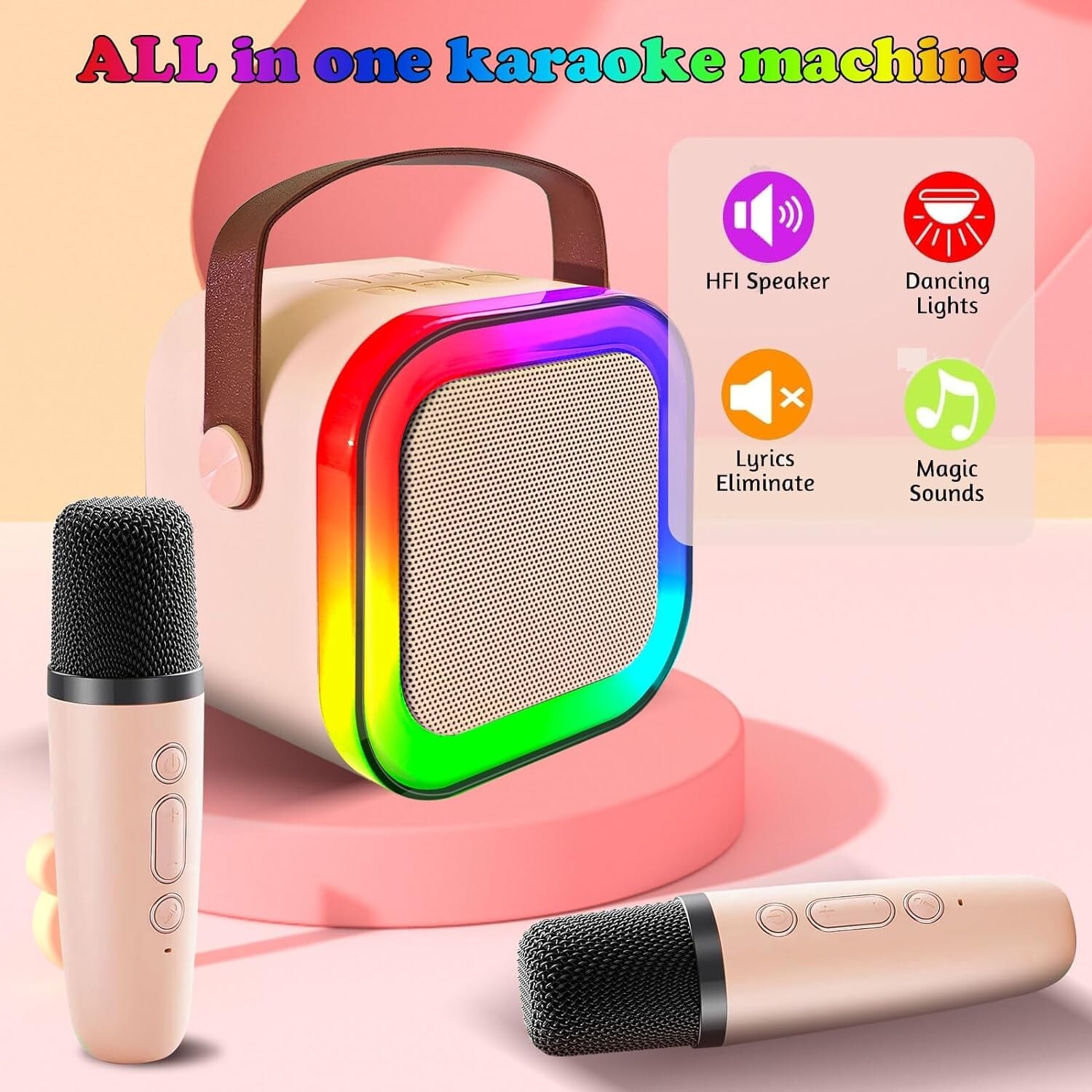 🔥FCZMO K12 Mini Karaoke Machine, Portable Bluetooth Speaker with 2 Mics Beige🔥 - 2