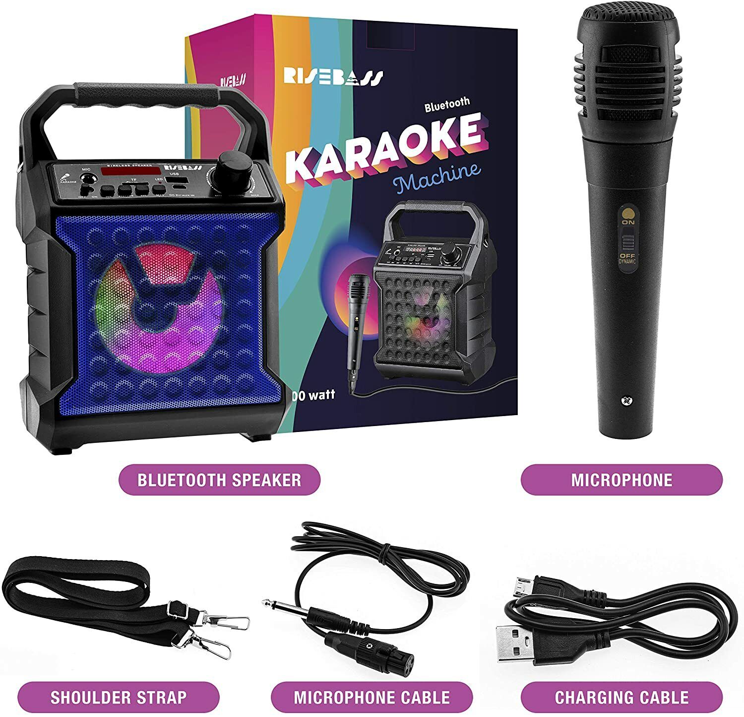 Portable Bluetooth Speaker Karaoke Machine +Free Mic for Kids/Adults Party Light - 1