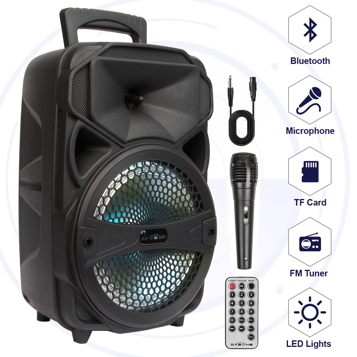 8” LED Bluetooth Portable Speaker with SD Slot/FM/USB/Karaoke/Remote Control