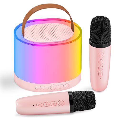 Mini Kids Karaoke Machine, Unique Gifts for Girls Boys with Colorful Pink-2Mic - 1