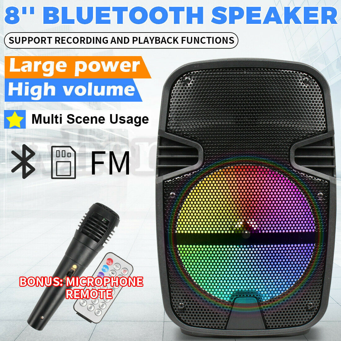 8" Portable FM BT Party Speaker Subwoofer Heavy Bass Sound 3000W w/ Microphone