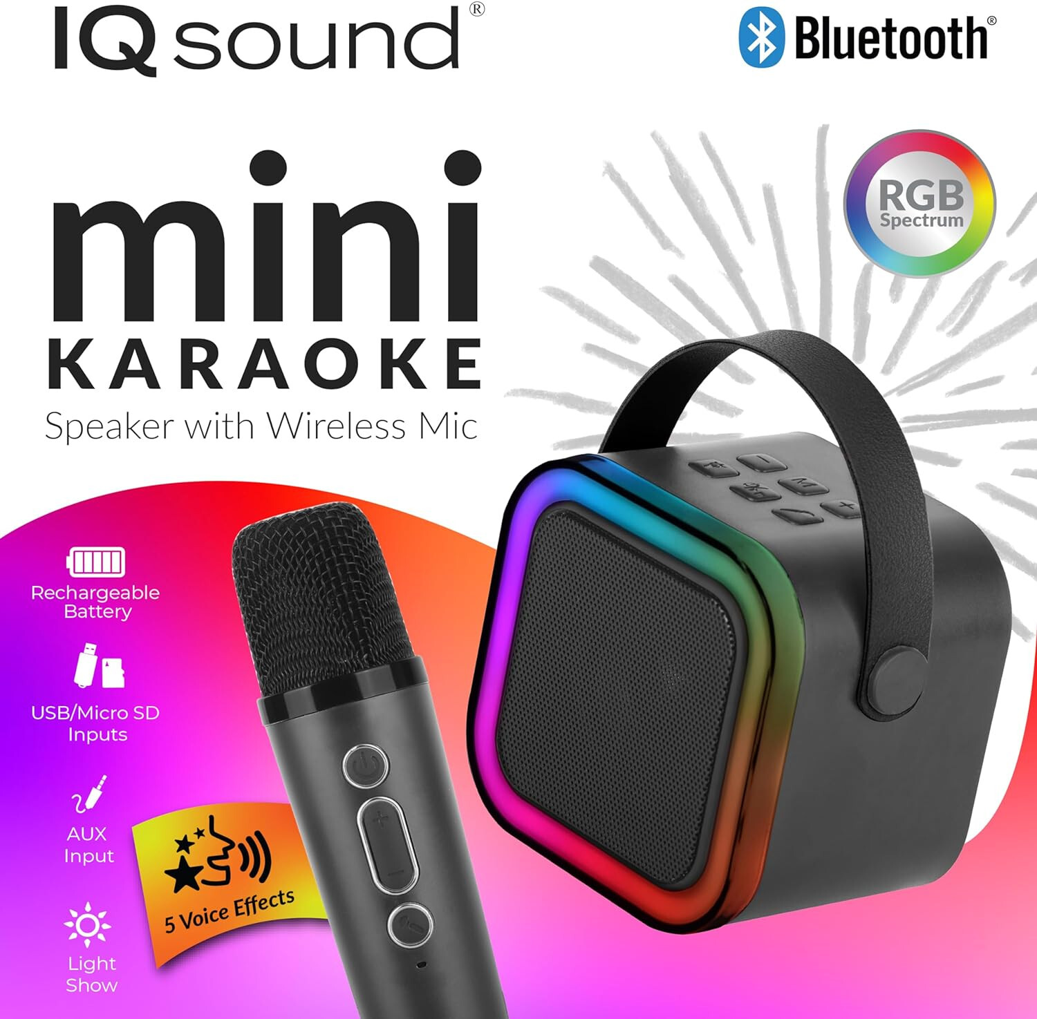 IQ Sound Mini Karaoke Bluetooth Speaker Wireless Microphone, RGB Lights NEW SEAL - 1