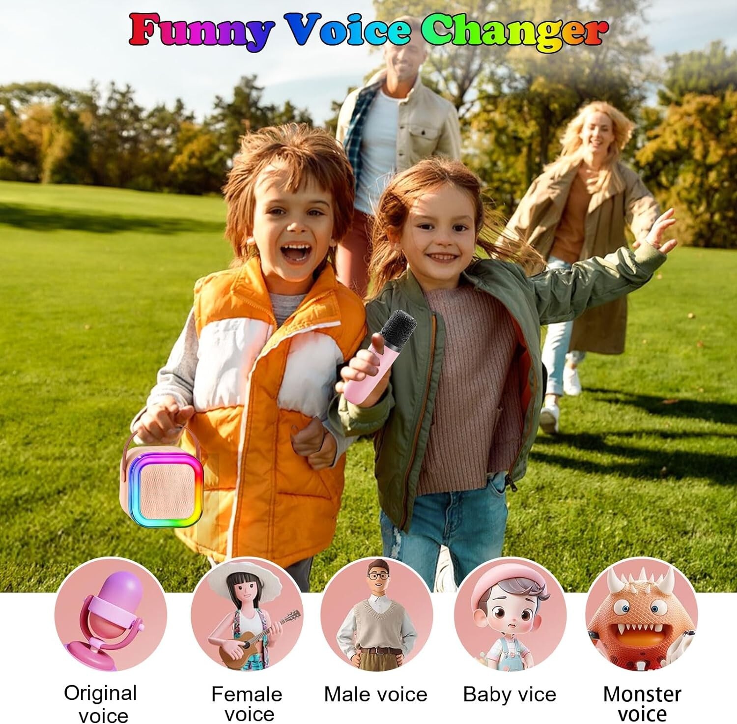 🔥FCZMO K12 Mini Karaoke Machine, Portable Bluetooth Speaker with 2 Mics Beige🔥 - 4