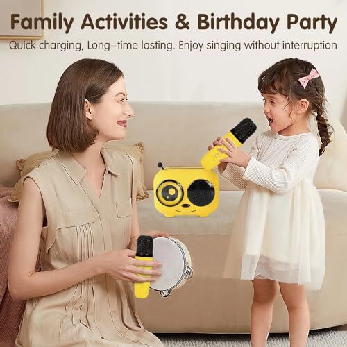 Mini Karaoke Machine for Kids Adults, Music Toys for Girls Boys Yellow 2 Mics - 4